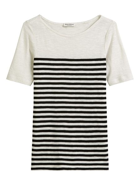 Marc O´Polo Koszulka w kolorze biało-czarnym rozmiar: L. Białe bluzki damskie l, bez wzorów, z bawełny, bez kołnierzyka, bez ramiączek. Za 104.89 zł.