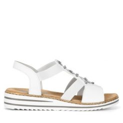 Sandały Rieker. Białe sandały damskie Rieker, bez wzorów, bez obcasa, na płaskiej podeszwie, bez zapięcia. Za 299.99 zł.