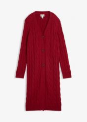 Długi sweter rozpinany z wełną. Czerwone kardigany damskie bonprix, bez wzorów, z wełny. Za 299.99 zł.