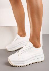 Białe Sznurowane Sneakersy Trampki na Grubej Podeszwie z Ozdobnym Bieżnikiem Sanque. Białe obuwie sportowe damskie Born2be, z bawełny, bez zapięcia. Za 49.99 zł.