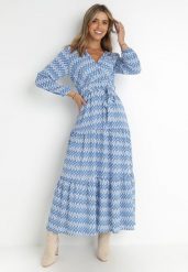 Niebieska Sukienka Rozkloszowana z Gumką w Pasie Mosho. Niebieskie sukienki damskie Born2be, bez wzorów, z tkaniny, boho, bez ramiączek. W wyprzedaży za 118.99 zł.