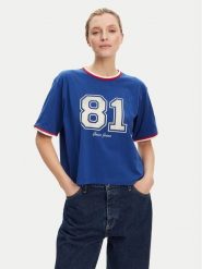 Guess Jeans T-Shirt W5YI19 K8HM0 Niebieski Regular Fit. Niebieskie t-shirty damskie Guess Jeans, xxl, z aplikacjami, z bawełny, bez kołnierzyka. Za 129.99 zł.