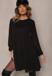 Czarna Rozkloszowana Sukienka z Bufiastymi Rękawami z Siateczki Edanithe. Czarne sukienki damskie Renee, bez wzorów, eleganckie, bez ramiączek. W wyprzedaży za 67.99 zł.