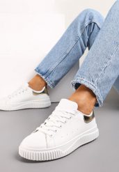 Biało-Złote Sznurowane Sneakersy z Metaliczną Wstawką i Żłobieniami Komparre. Białe obuwie sportowe damskie Renee, na jesień, z dresówki, bez zapięcia. Za 69.99 zł.