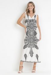 Biała Sukienka w Stylu Boho z Gumką w Talii i Sznurkami przy Ramionach Niree. Białe sukienki damskie Born2be, bez wzorów, boho, bez ramiączek. Za 99.99 zł.
