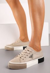 Ciemnobeżowe Sznurowane Trampki na Grubej Podeszwie Vimanta. Brązowe trampki damskie Born2be, bez wzorów, z jeansu, bez zapięcia. Za 79.99 zł.