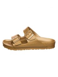 Birkenstock Klapki "Arizona" w kolorze złotym rozmiar: 38. Żółte klapki damskie Birkenstock, bez wzorów, z otwartym noskiem, bez obcasa, bez zapięcia. Za 224.45 zł.