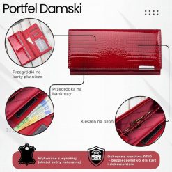 Portfel damski skórzany lakierowany czerwony z tłoczeniem croco SP-16-CRD. Czerwone portfele damskie Jennifer Jones, bez wzorów, z lakierowanej skóry. Za 99.00 zł.