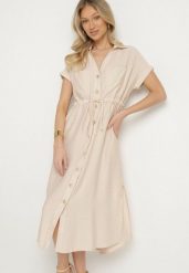 Beżowa Sukienka Koszulowa z Wiskozy Wiązana w Pasie Florazi. Brązowe sukienki damskie Born2be, bez wzorów, z wiskozy, eleganckie, bez ramiączek. Za 149.99 zł.