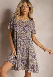 Fioletowo-Żółta Krótka Sukienka w Stylu Boho z Elastycznej Wiskozy z Krótkimi Rękawami Ailoni. Fioletowe sukienki damskie Renee, bez wzorów, z wiskozy, boho, bez ramiączek. W wyprzedaży za 32.99 zł.