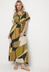Zielona Sukienka Rozkloszowana z Wiskozy w Geometryczny Wzór z Paskiem Ranislla. Zielone sukienki damskie Born2be, bez wzorów, z wiskozy, eleganckie, bez ramiączek. Za 99.99 zł.