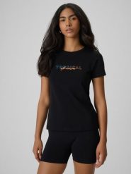 4F T-shirt slim z nadrukiem damski - czarny S. Czarne t-shirty damskie 4F, l, bez wzorów, z bawełny, bez kołnierzyka. Za 59.99 zł.