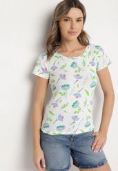 Biało-Zielony Bawełniany T-shirt Ozdobiony Nadrukiem Zarice. Białe t-shirty damskie Born2be, l, bez wzorów, z bawełny, bez kołnierzyka. Za 29.99 zł.