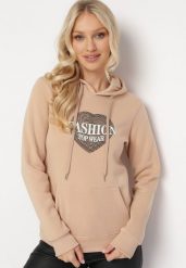 Beżowa Bluza Kangurka z Kapturem z Polarem i Nadrukiem z Sercem Sinha. Brązowe bluzy damskie Born2be, l, bez wzorów, z polaru, z kapturem. Za 84.99 zł.