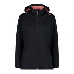 Damska kurtka turystyczna z kapturem CMP. Czarne kurtki damskie CMP, bez wzorów, z softshellu, z kapturem. Za 389.00 zł.