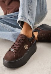 Brązowe Skórzane Sneakersy na Platformie z Aplikacją i Plecionym Paskiem Kaphophai. Brązowe obuwie sportowe damskie Renee, z jeansu, bez zapięcia, trekkingowe. Za 199.99 zł.