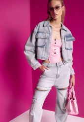 Niebieska Jeansowa Kurtka Oversize Cropped z Bawełny Tevissa. Niebieskie kurtki damskie Renee, na jesień, m, bez wzorów, z bawełny, bez kaptura. Za 169.99 zł.