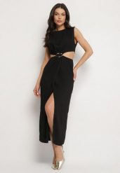 Czarna Sukienka Rozkloszowana z Wycięciami w Talii z Metaliczną Ozdobą Galetia. Czarne sukienki damskie Born2be, z aplikacjami, eleganckie, bez ramiączek. Za 149.99 zł.