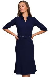 Elegancka sukienka koszulowa z kołnierzykiem i paskiem w talii granat. Sukienki damskie Stylove, bez wzorów, biznesowe, bez ramiączek. Za 329.00 zł.