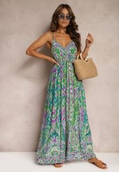 Zielono-Fioletowa Rozkloszowana Sukienka z Wiskozy na Regulowanych Ramiączkach w Stylu Boho Yalfea. Zielone sukienki damskie Renee, bez wzorów, z materiału, boho, bez ramiączek. W wyprzedaży za 59.49 zł.