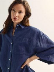 Lniana koszula - granatowy. Niebieskie koszule damskie Reserved, l, bez wzorów, bez kołnierzyka, bez ramiączek. Za 159.99 zł.