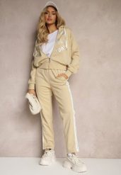 Beżowy Komplet Dresowy Spodnie Ozdobione Napisami Bluza na Suwak z Kapturem Semiraella. Brązowe bluzy damskie Renee, l, bez wzorów, z dresówki, z kapturem. Za 129.99 zł.