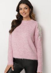 Różowy Sweter Ozdobiony Cekinami Cyrkoniami i Perełkami z Wełną Tiavella. Czerwone swetry klasyczne damskie Born2be, na zimę, l, z jeansu, bez kołnierzyka. Za 169.99 zł.