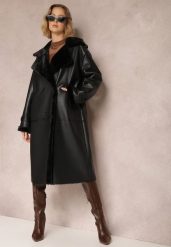 Czarny Dwurzędowy Płaszcz Oversize z Imitacji Skóry i Futerkiem Vess. Czarne płaszcze damskie Renee, m, z aplikacjami, ze skóry, bez kaptura. Za 349.99 zł.