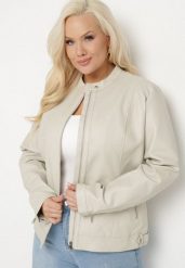 Jasnobeżowa Kurtka Ramoneska Bez Kołnierzyka z Suwakami na Rękawach Rilinne. Brązowe kurtki damskie Born2be, na wiosnę, plus size, bez wzorów, bez kaptura. Za 129.99 zł.