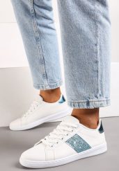 Biało-Niebieskie Sneakersy z Brokatowym Paskiem na Bogu Calapsa. Białe obuwie sportowe damskie Born2be, z materiału, bez zapięcia. Za 79.99 zł.