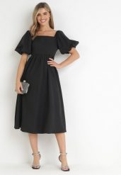 Czarna Rozkloszowana Sukienka Midi z Bufiastymi Rękawami i Kwadratowym Dekoltem Ceania. Czarne sukienki damskie Born2be, bez wzorów, eleganckie, bez ramiączek. W wyprzedaży za 93.49 zł.