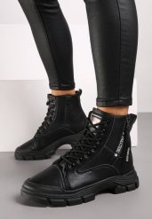 Czarne Traperki Botki na Grubej Podeszwie z Ozdobnym Suwakiem Floraline. Czarne trapery damskie Born2be, na zimę, z futra, bez zapięcia. Za 99.99 zł.