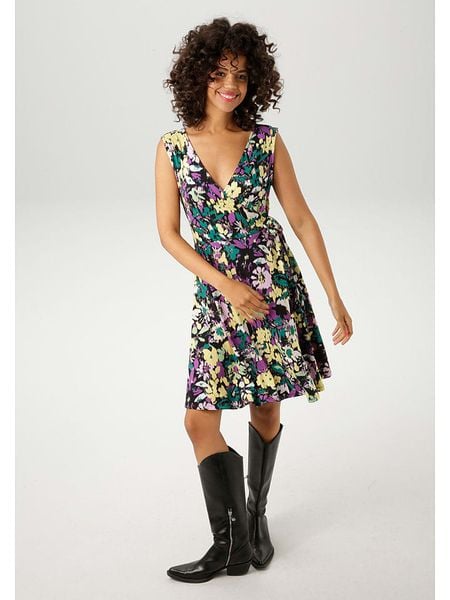 Aniston Sukienka w kolorze czarno-fioletowo-żółtym rozmiar: 40. Czarne sukienki damskie Aniston, bez wzorów, bez ramiączek. Za 48.16 zł.