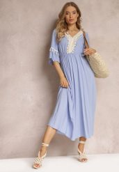 Niebieska Sukienka Maxi z Gumką w Talii z Ozdobnymi Chwostami z Wiskozy Zisel. Niebieskie sukienki damskie Renee, bez wzorów, z wiskozy, bez ramiączek. W wyprzedaży za 67.99 zł.