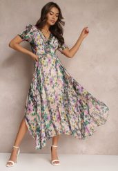 Beżowo-Zielona Asymetryczna Sukienka Maxi z Ozdobnymi Guzikami Nallini. Brązowe sukienki damskie Renee, bez wzorów, eleganckie, bez ramiączek. W wyprzedaży za 159.99 zł.