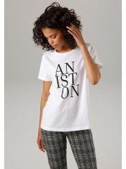 Aniston Koszulka w kolorze białym rozmiar: 42. Białe bluzki damskie Aniston, bez wzorów, z bawełny, bez kołnierzyka, bez ramiączek. Za 39.99 zł.