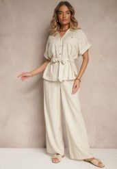 Beżowy Komplet z Bawełną Spodnie i Koszula z Paskiem Rinaretea. Brązowe koszule damskie Renee, na wiosnę, l, bez wzorów, z bawełny, eleganckie, bez kołnierzyka, bez ramiączek. Za 129.99 zł.
