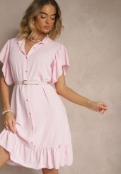 Różowa Koszulowa Sukienka Ozdobiona Falbankami i Guzikami Tenelora. Czerwone sukienki damskie Renee, bez wzorów, eleganckie, bez ramiączek. W wyprzedaży za 63.99 zł.