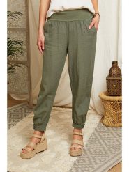 Lin Passion Lniane spodnie w kolorze khaki rozmiar: 36/38. Brązowe spodnie materiałowe damskie Lin Passion, bez wzorów, ze lnu. Za 140.53 zł.