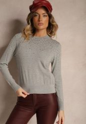 Szary Casualowy Sweter z Wiskozą z Ozdobnymi Detalami z Cyrkonii Edaloriae. Szare swetry klasyczne damskie Renee, m, z wiskozy, bez kołnierzyka. Za 99.99 zł.