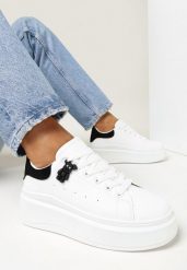 Biało-Czarne Sneakersy na Grubej Podeszwie z Naszywką Chonris. Białe obuwie sportowe damskie Born2be, bez zapięcia. Za 79.99 zł.