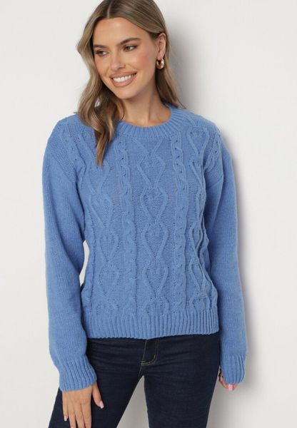 Niebieski Sweter z Wełną Ściągaczem i Tłoczeniem Riavonnae. Niebieskie swetry klasyczne damskie Born2be, z jeansu, bez kołnierzyka. Za 79.99 zł.