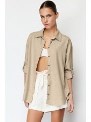Trendyol Koszula w kolorze beżowym rozmiar: 34. Brązowe koszule damskie Trendyol, bez wzorów, bez kołnierzyka, bez ramiączek. Za 78.99 zł.