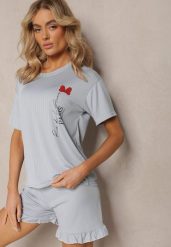 Szary Komplet Piżamowy Szorty Wykończone Falbanką i Koszula z Nadrukiem Tyrvea. Szare komplety bielizny Renee, bez wzorów, bez ramiączek. Za 44.99 zł.