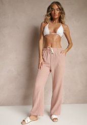 Różowe Spodnie High Waist z Szeroką Nogawką i Gumką w Pasie Mirarena. Czerwone spodnie materiałowe damskie Renee, bez wzorów, z jeansu. Za 39.99 zł.