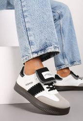 Biało-Czarne Sneakersy na Grubej Podeszwie z Kontrastującymi Wstawkami i Wywiniętym Językiem Mirinae. Białe obuwie sportowe damskie Born2be, z materiału, bez zapięcia. Za 79.99 zł.