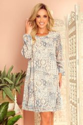 Zwiewna Sukienka z Dekoltem na Plecach we Wzory - Beżowo Niebieska. Brązowe sukienki damskie NUMOCO, bez wzorów, z elastanu, boho, bez ramiączek. Za 235.90 zł.