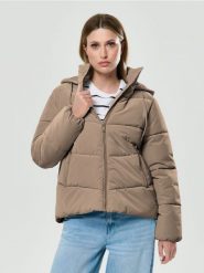 Ocieplana kurtka puffer z kapturem - kremowy. Białe kurtki damskie Sinsay, l, bez wzorów, z kapturem. Za 89.99 zł.