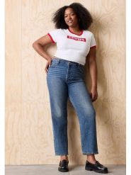 Levi's Koszulka w kolorze biało-czerwonym rozmiar: L. Białe koszulki damskie Levi's, l, bez wzorów, z bawełny, bez kołnierzyka, bez ramiączek. Za 73.93 zł.