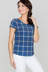 Niebieska Bluzka w Kratę z Krótkim Rękawem. Niebieskie bluzki damskie Katrus, m, bez wzorów, bez kołnierzyka, bez ramiączek. Za 159.00 zł.